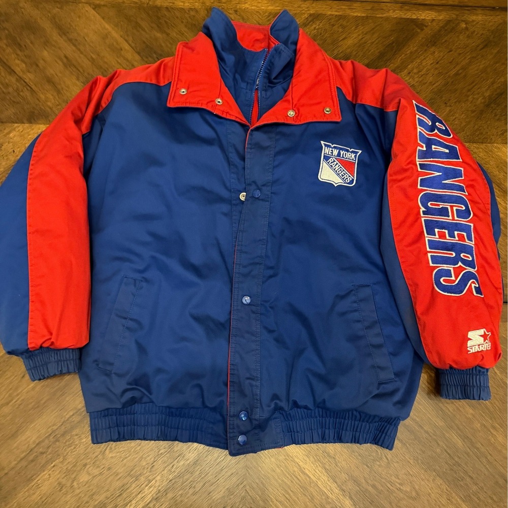 Vintage Starter New York Rangers Jacket XL Blue Red NHL Hockey Puffer Bomber